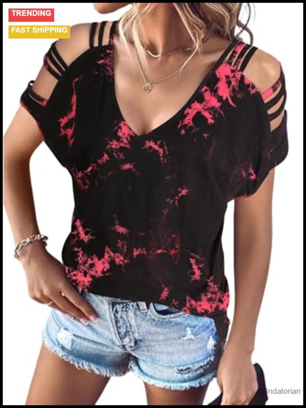 Cold Shoulder Deep V-Neck Cutout Top Ladder Short Sleeve